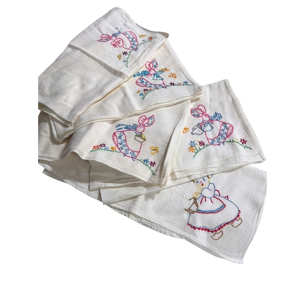Vintage Embroidered Tea Towels‎ Set of 5 Cottagecore Kitchen Linens